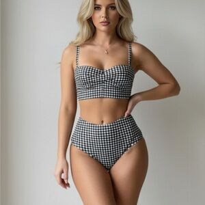 Gingham Twist Push Up Bra & High Waisted Bottom Bikini Blk/Wht